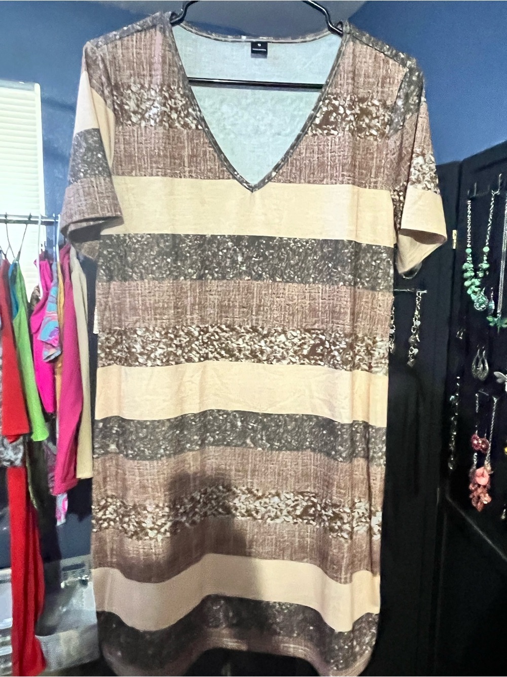 Amazon Women's Striped V-Neck Midi Dress in Beige and Brown